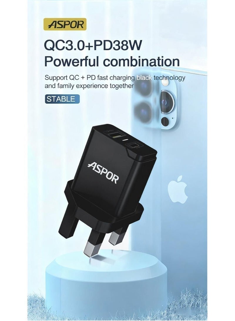 أسبور راس شاحن ASPOR A826 السريع بقدرة 38 واط – QC3.0 + PD - Image 1